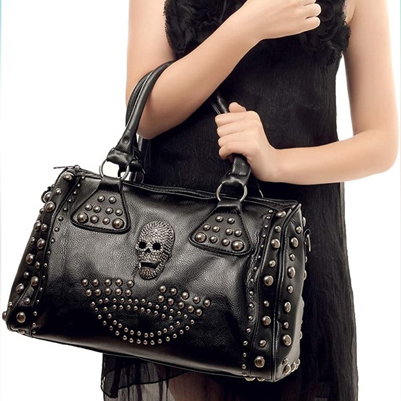 ☠️ Skull Studded Punk Moto Black Tote Crossbody Bag - Picture 8 of 16